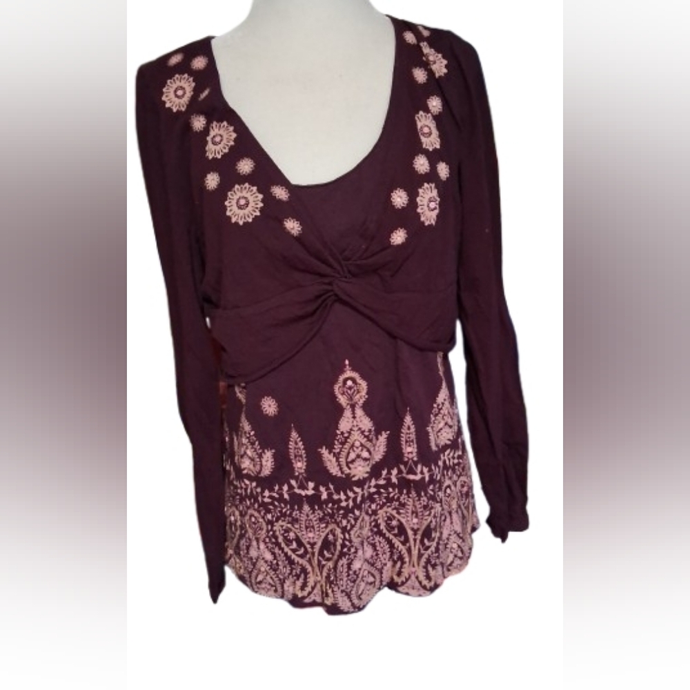 INC International  Maroon & Pink, Long Sleeve, Twist Front Women's Top, Size L